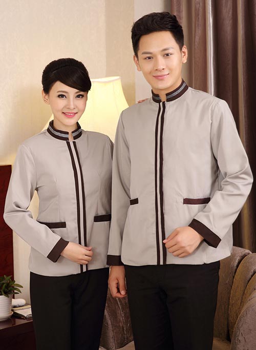 杏色男、女式長(zhǎng)袖保潔工作服定做款式